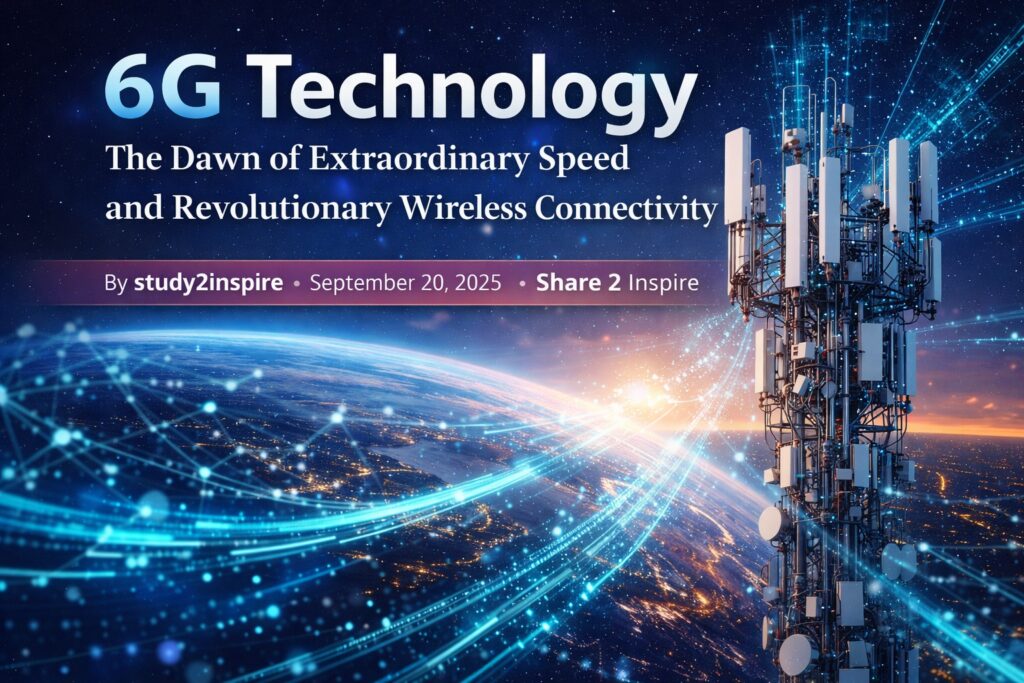 Futuristic 6G wireless tower with holographic data streams showing ultra-fast global connectivity and next-generation communication technology