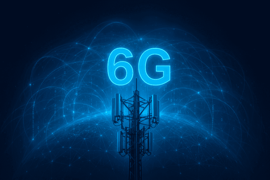 Advanced 6G Technology wireless tower with multiple antenna arrays and holographic AI data streams showing ultra-fast global connectivity.