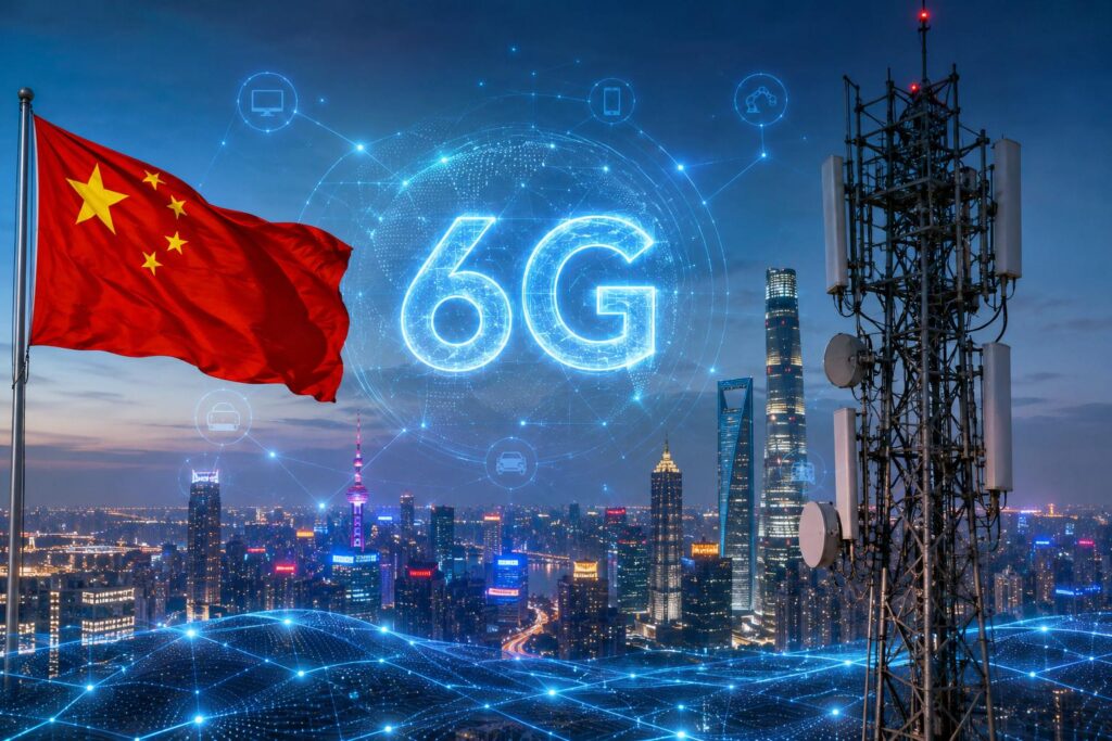Concept illustration of China's 6G technology featuring a futuristic smart city, advanced telecom tower, digital 6G network, and the Chinese flag representing next-generation wireless communication.