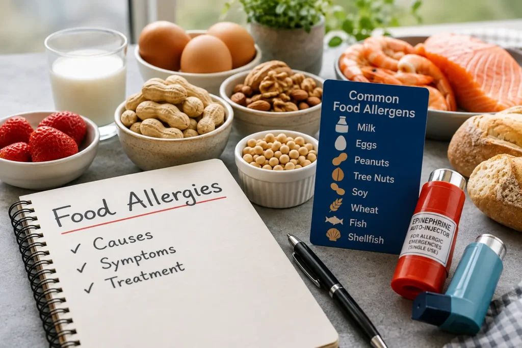 Common food allergens with an epinephrine auto-injector illustrating food allergies, symptoms, diagnosis, and treatment.