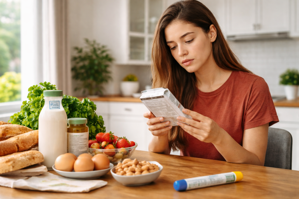 Young adult reading a nutrition label while managing food allergies at home