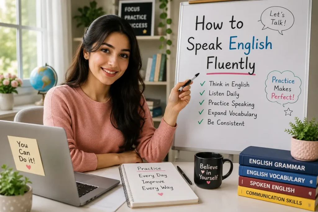 Beautiful female teacher helping learners speak English fluently with confidence
