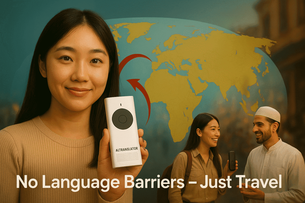 A smiling traveler using an AI instant translator device to communicate across cultures, with a world map in the background and the text “No Language Barriers — Just Travel.