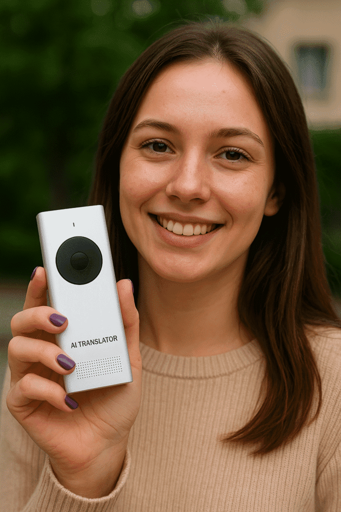 Japanese woman holding a sleek AI translator device outdoors.
