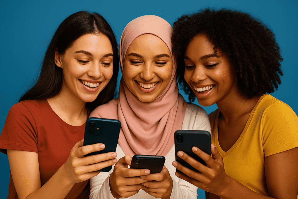 Three diverse young women smiling and watching videos together on their smartphones generated by AI.