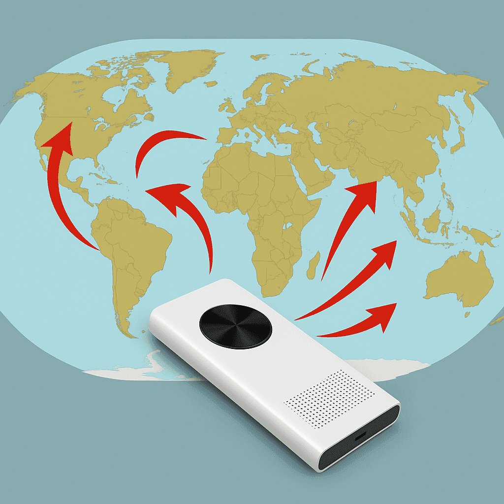 AI translator device overlaid on a muted world map with arrows showing global connections