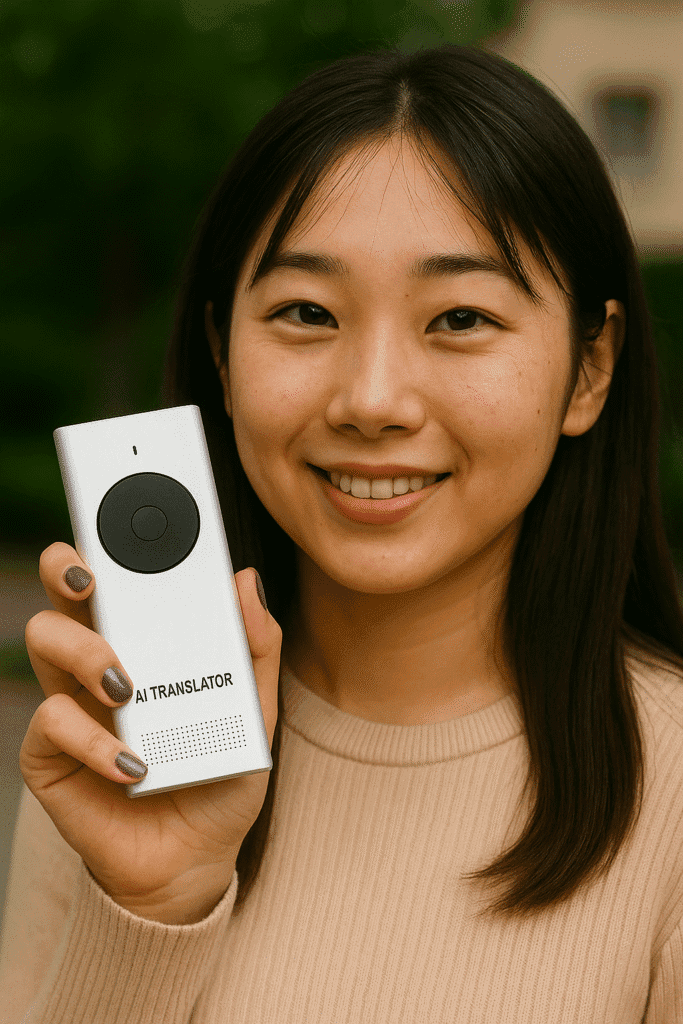 Traveler holding an AI translator device with a glowing world map backdrop representing global communication