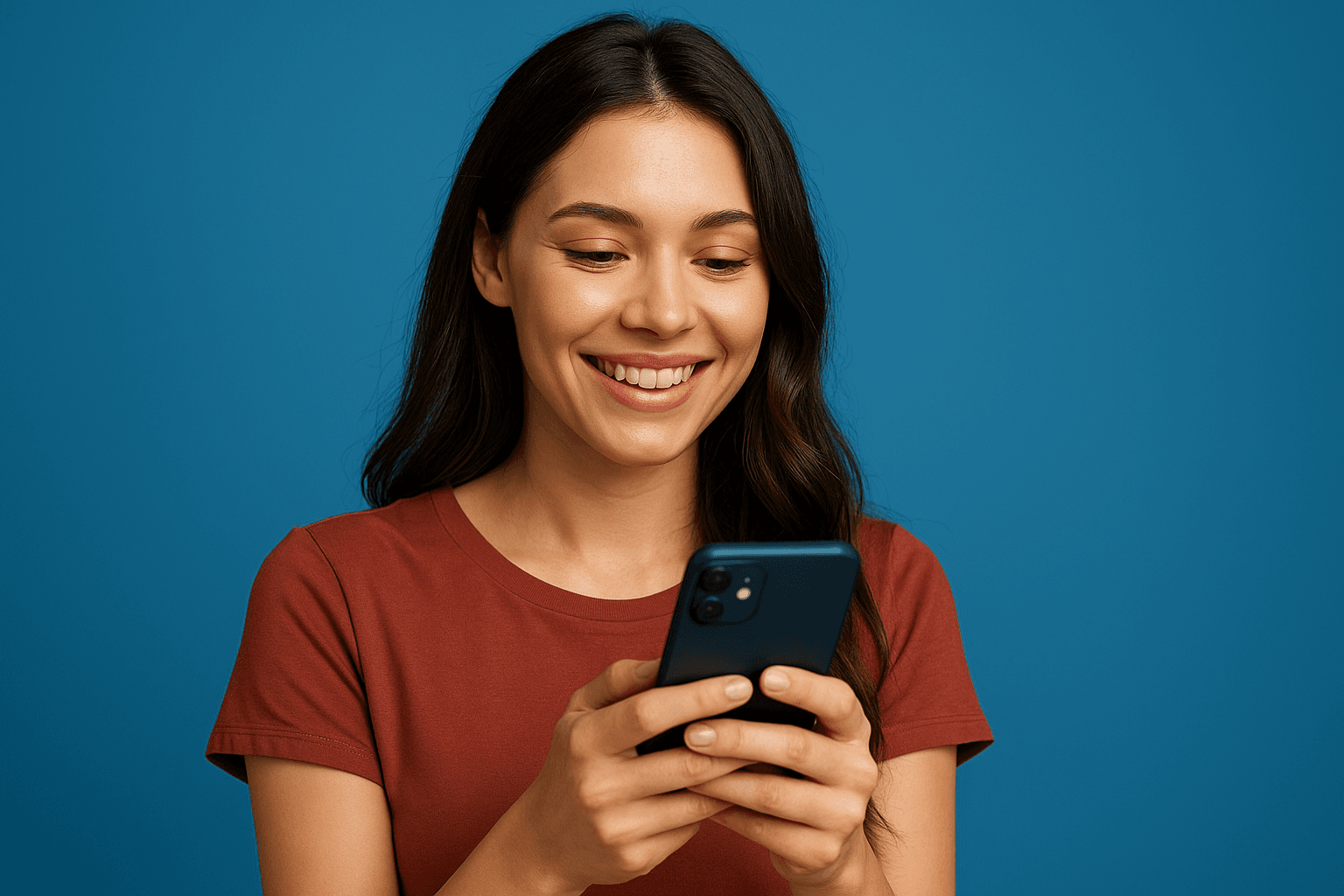 Smiling young woman holding a smartphone and watching a video created by AI, representing online content consumption.