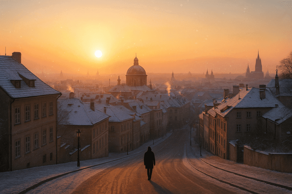 December winter cityscape at sunrise with golden light reflecting on streets and rooftops