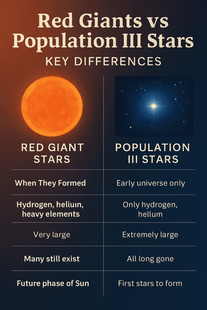 Comparison of Population I, II, and III stars showing color, age, and metallicity differences.
