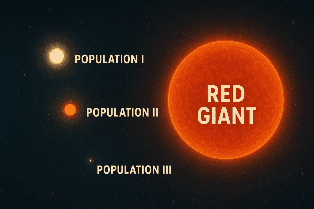 Illustration of Red Giant stars and Population I, II, III stars in the universe