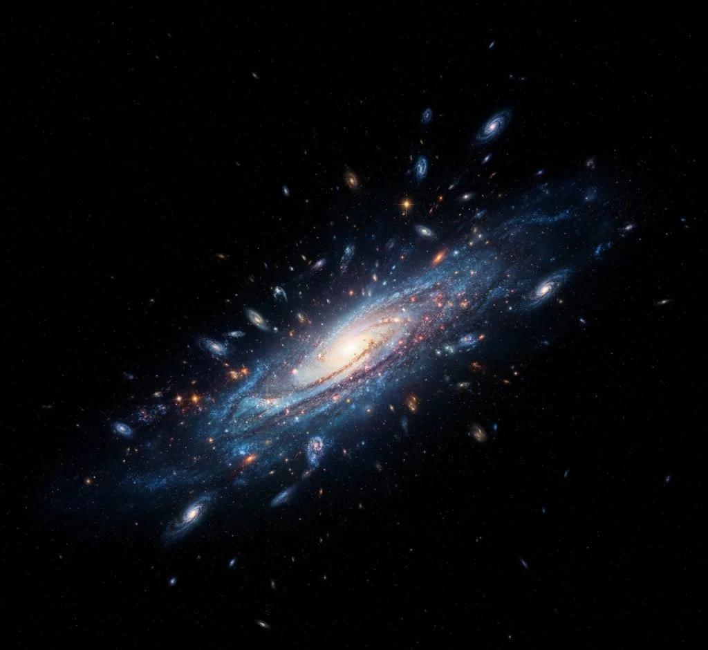 Cosmic landscape emerging from a dark starless void, symbolizing the idea of something arising from nothing in quantum physics.