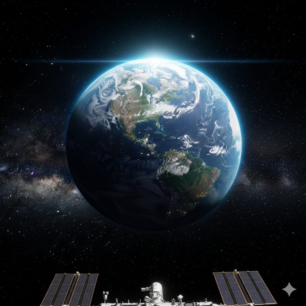Earth viewed from space showing continents and oceans