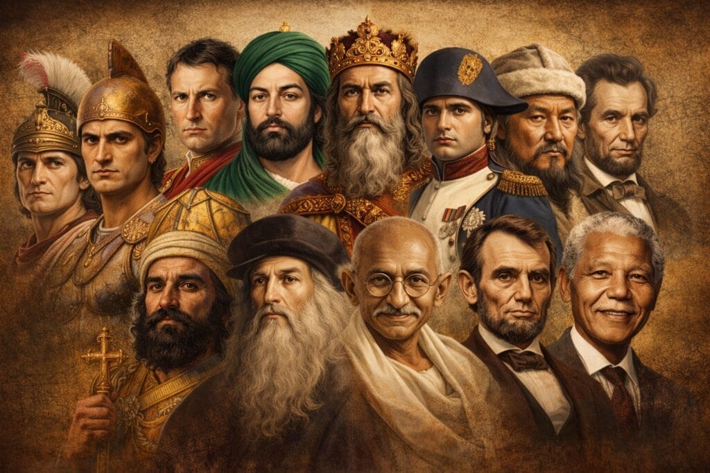 Famous historical personalities from world history including Alexander the Great, Julius Caesar, Ashoka, Gandhi, and Nelson Mandela