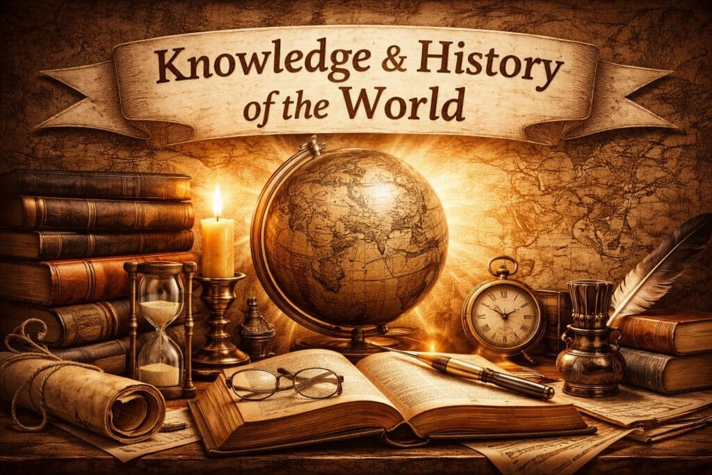 Concept image representing knowledge and history of the world through books, globe, and learning symbols