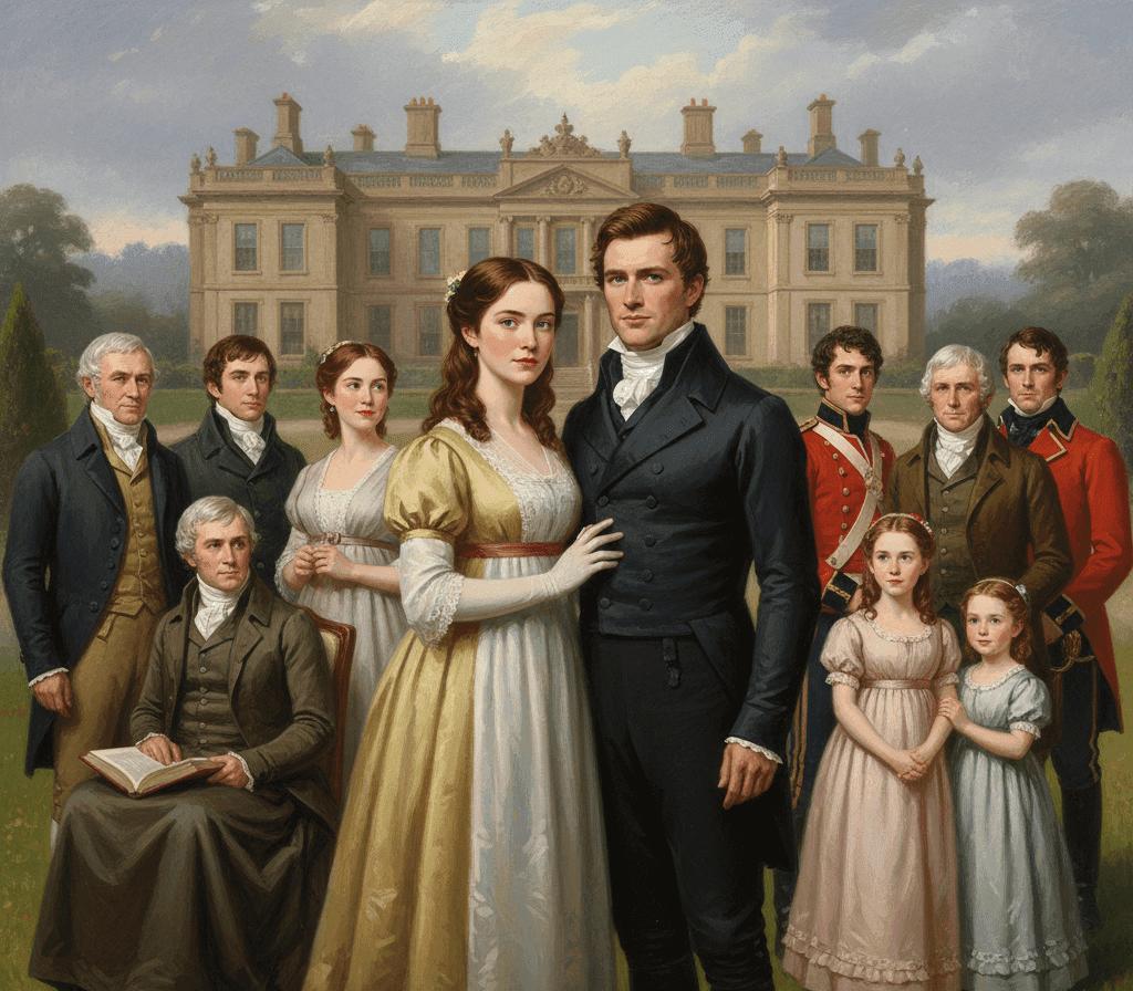 Pride and Prejudice summary graphic featuring Elizabeth Bennet, Mr. Darcy and other characters from Jane Austen’s novel