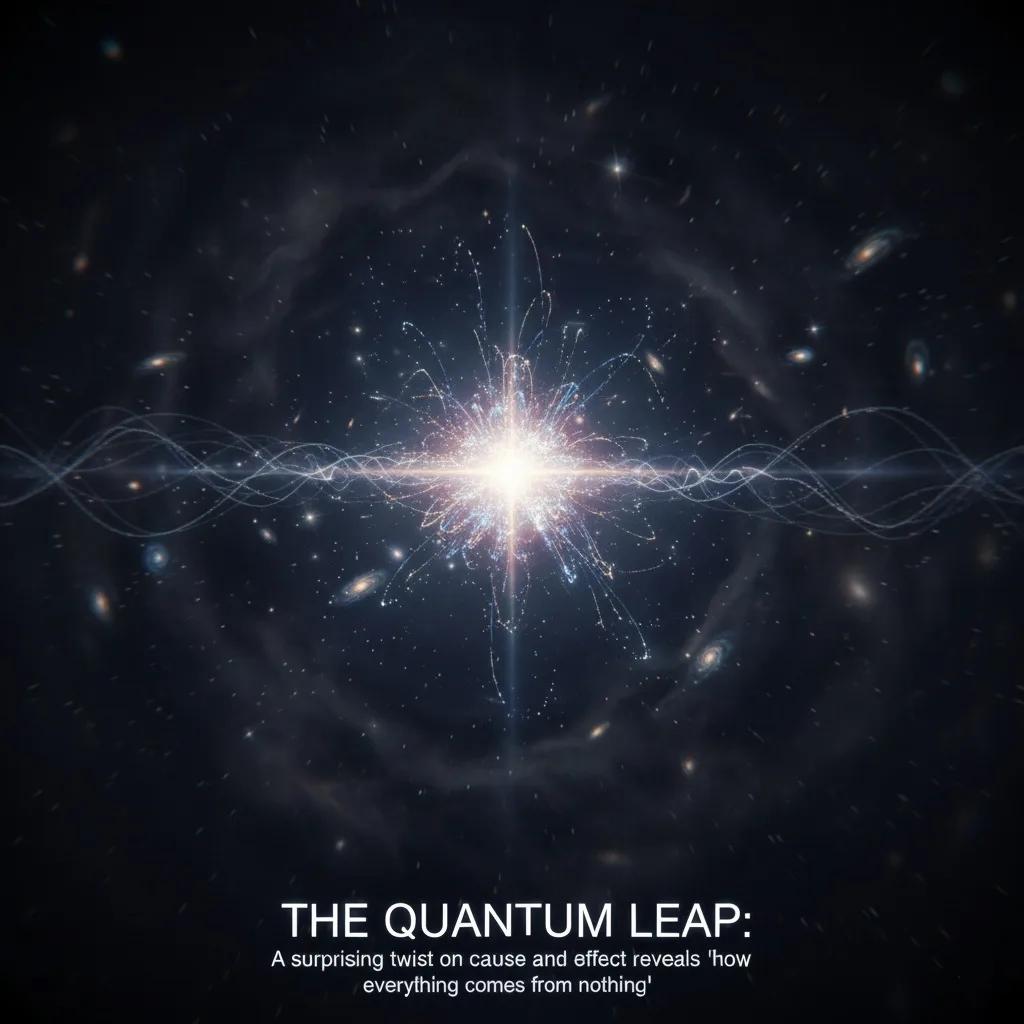 Cosmic illustration showing the universe emerging from the quantum vacuum, symbolizing something from nothing.