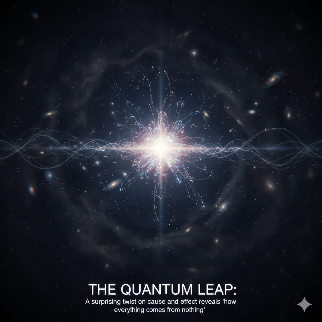 Cosmic illustration showing the universe emerging from the quantum vacuum, symbolizing something from nothing.