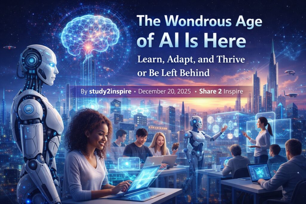 Students and teachers using artificial intelligence in a futuristic classroom, showing how AI is transforming education, skills, and human potential