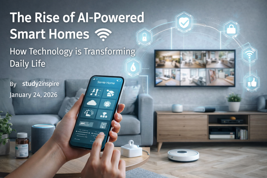 Person controlling AI-powered smart home devices using a smartphone in a modern living room