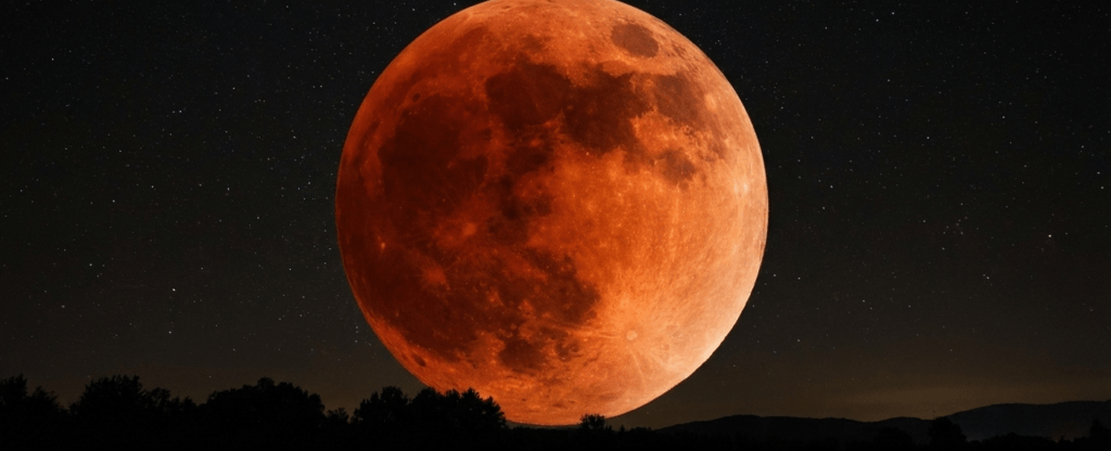 A realistic view of the blood moon during a total lunar eclipse in 2026 as the Moon turns red in Earth’s shadow