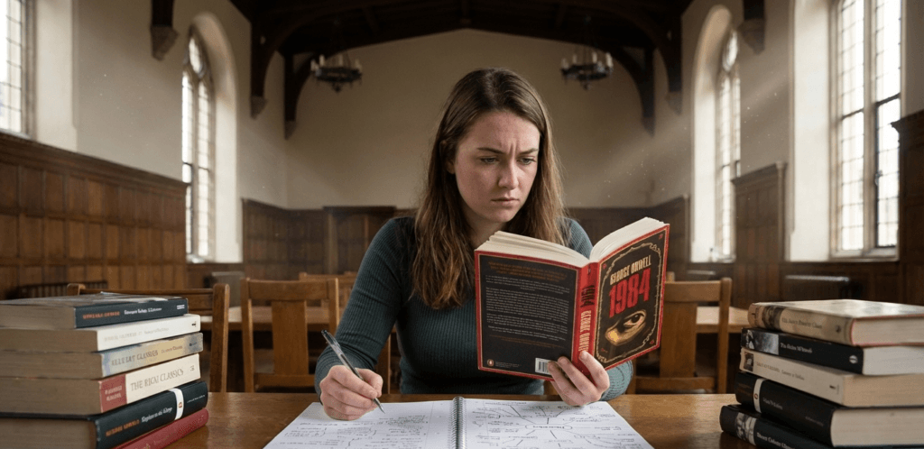 A student sitting in a quiet, sunlit library, deeply focused on reading a classic hardback book, representing intellectual growth.