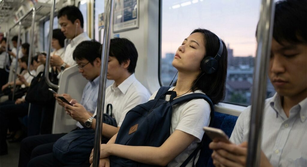 A woman sleeping on a crowded city subway train with headphones on, surrounded by commuters on their phones, illustrating lifestyle exhaustion.