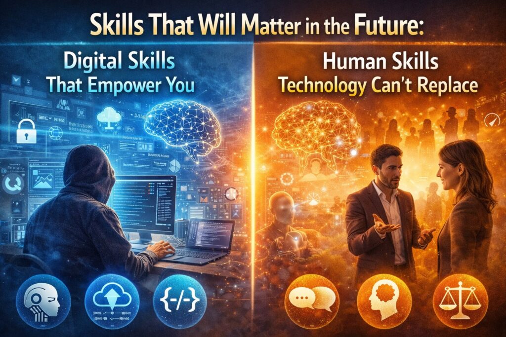 Illustration showing digital skills like coding and cloud technology contrasted with human skills such as communication, empathy, and critical thinking.