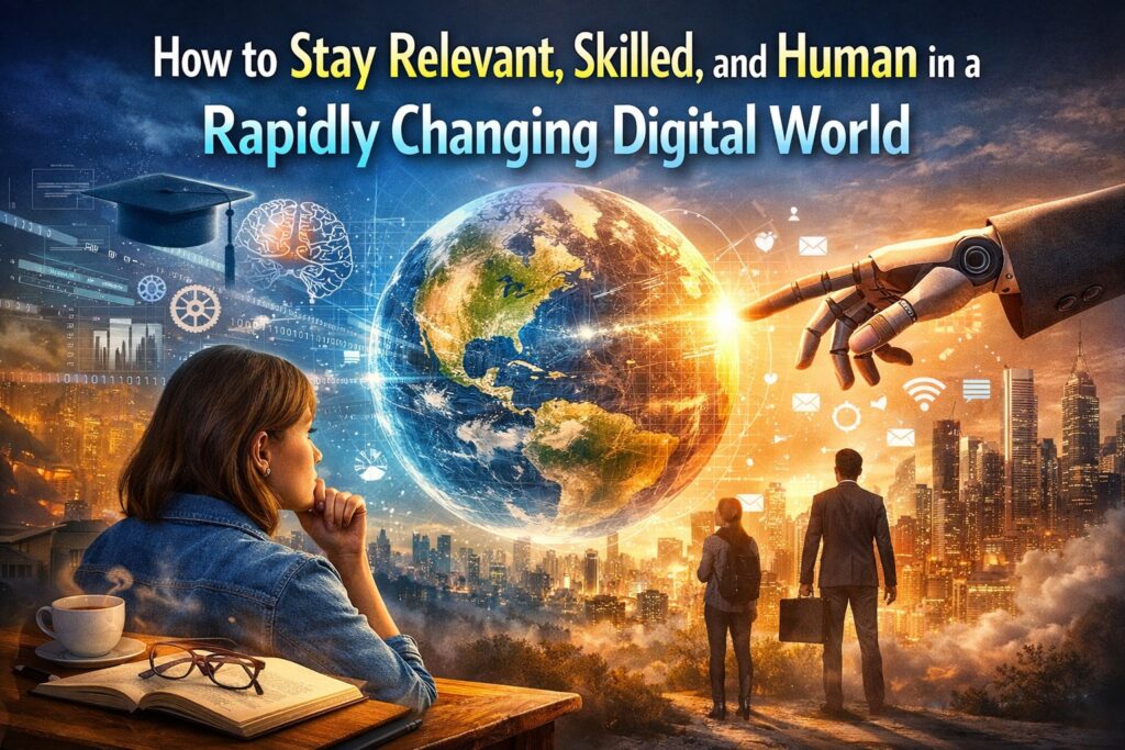 A person reflecting on future skills and human values in a fast-changing digital world with technology and AI