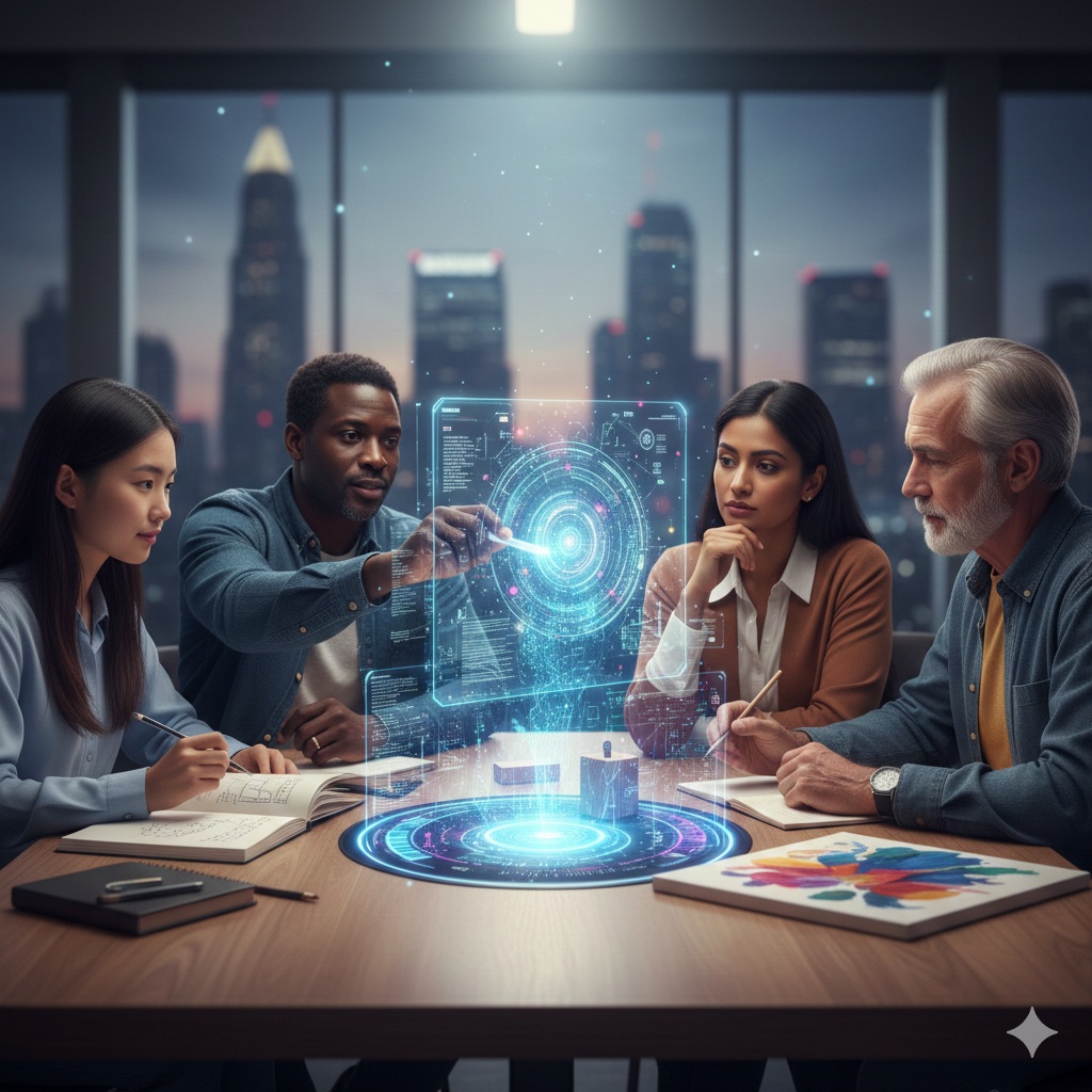 A diverse group of educators and professionals collaborating around a digital holographic interface while using traditional notebooks and pens, symbolizing human skill in a digital age.