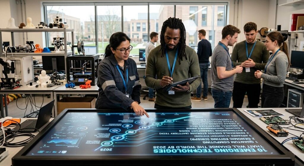A group of diverse researchers in a modern laboratory analyzing a large touch-screen display showing a timeline from 2025 to 2035. The screen lists emerging technologies like Quantum Computing, Genomic Editing, and Advanced AI.
