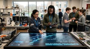 A group of diverse researchers in a modern laboratory analyzing a large touch-screen display showing a timeline from 2025 to 2035. The screen lists emerging technologies like Quantum Computing, Genomic Editing, and Advanced AI.