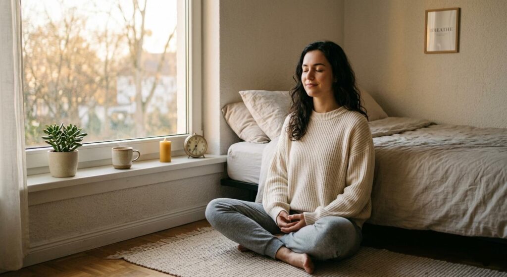 A high-resolution, realistic photo of a young woman with dark curly hair sitting cross-legged in a meditative pose on a woven rug in her bedroom. She wears a cream-colored knit sweater and gray lounge pants, with her eyes closed in a peaceful expression. Soft morning sunlight streams through a nearby window where a succulent, a ceramic mug, and a glowing candle sit on the sill. A minimal framed print on the wall reads 'BREATHE.' The atmosphere is calm, quiet, and warm.