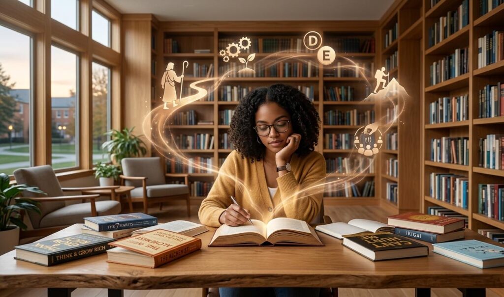 A young woman in a cozy library takes notes from an open book as magical glowing symbols-including a shepherd (The Alchemist) and gears (Atomic Habits)-swirl around her. Several books from the list, like 'The Alchemist,' 'Think and Grow Rich,' and 'Ikigai,' are scattered on the wooden desk.