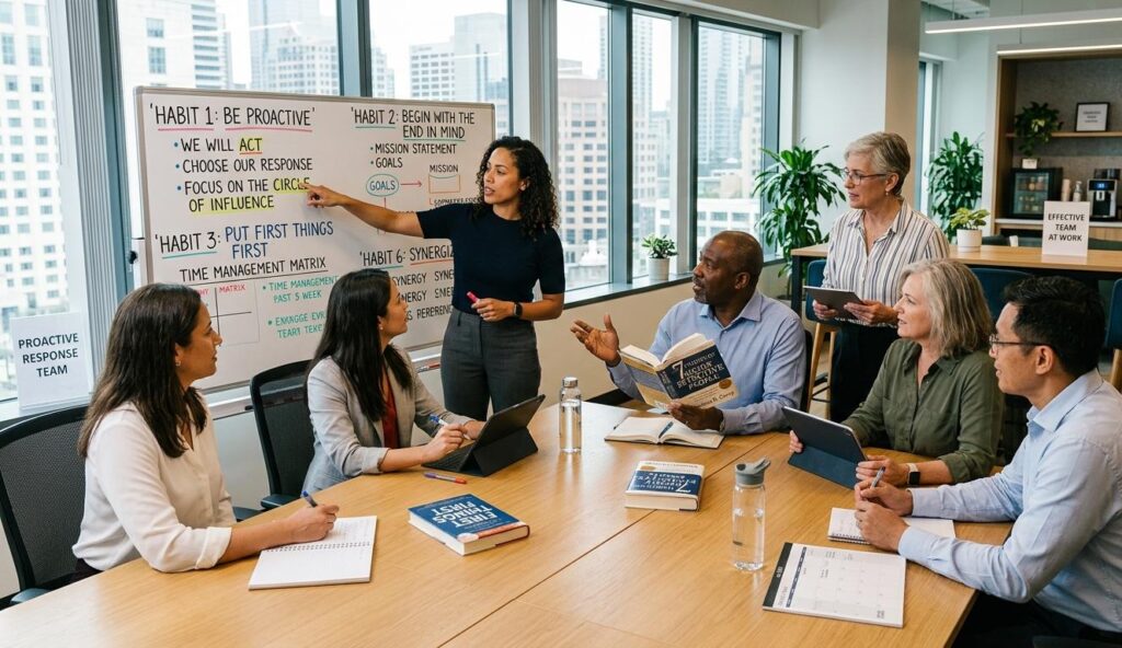 A focused, diverse professional team of five, including one older man holding a book, gathers around a large conference table in a modern office with large windows. A large whiteboard is visibly titled 'Habit 1: Be Proactive'. Various materials related to the book, 'The 7 Habits of Highly Effective People' by Stephen Covey, are scattered on the table, which they are collaboratively discussing.