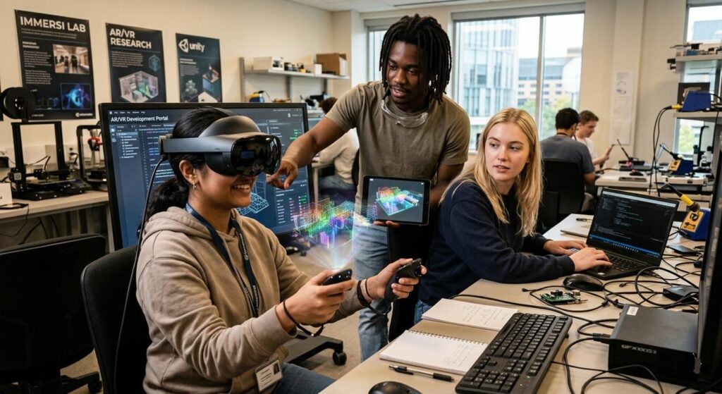 A diverse team of developers in a high-tech lab. One woman wears a VR headset and interacts with a colorful 3D holographic city model while her colleagues monitor code and data on a tablet and laptop.