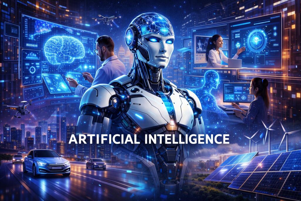 Humanoid AI robot interacting with holographic medical data, self-driving cars, AI digital assistants, and personalized learning interfaces in a futuristic city, representing Artificial Intelligence in 2035