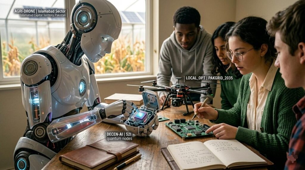 Humanoid AI robot interacting with holographic medical data, self-driving cars, AI digital assistants, and personalized learning interfaces in a futuristic city, representing Artificial Intelligence in 2035