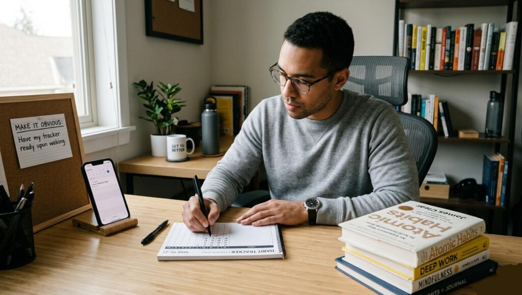 A focused man at a tidy home office desk writing in a 'Habit Tracker' notebook. He is surrounded by productivity tools: a smartphone on a stand, a stack of books including 'Atomic Habits' and 'Deep Work', and a 'Get 1% Better' mug. A note on a board reads: 'MAKE IT OBVIOUS: Have my tracker ready upon waking.'