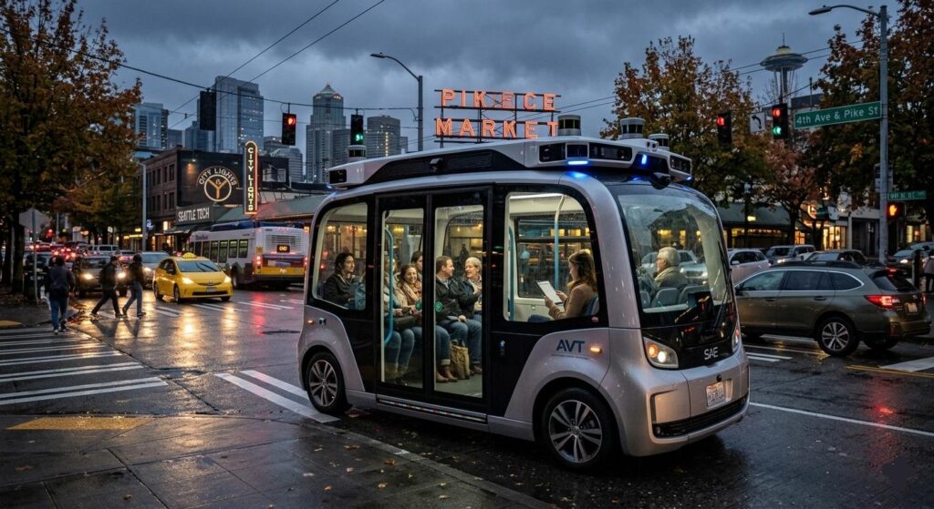 A self-driving, transparent passenger shuttle navigates a rainy Seattle intersection at night. Inside, passengers are seated, and one reads. The Pike Place Market sign and Space Needle are visible in the background.