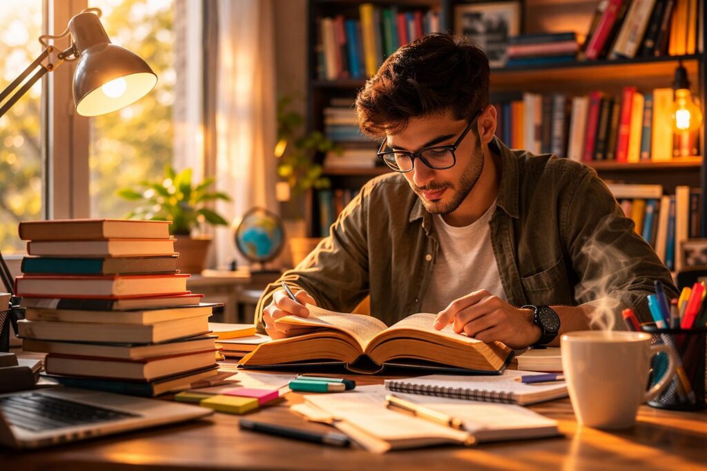 Benefits of reading books. Illustration showing a person reading books while gaining knowledge, creativity, and personal growth through literature.