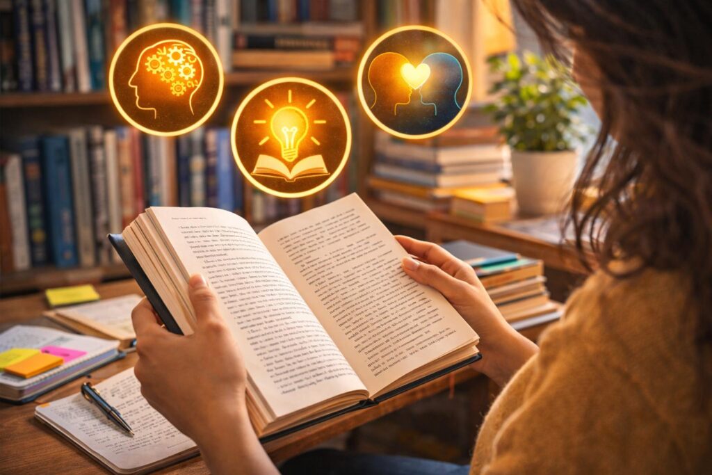 Young woman deeply focused on reading a book at a study desk surrounded by books and notebooks, representing the educational benefits of reading.