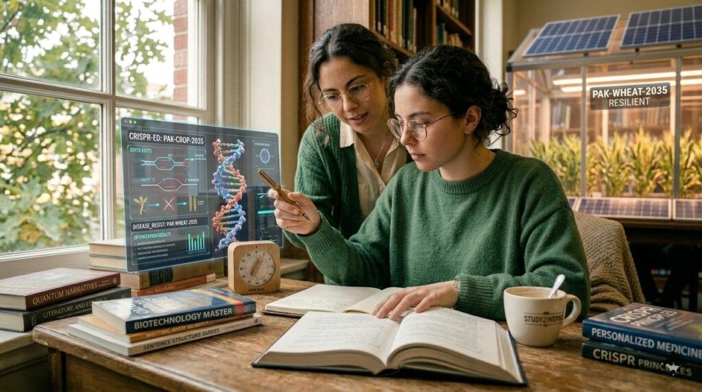 Alt Text: An ultra-realistic and professional photograph captured in the Study2Inspire cozy educational library. The Middle Eastern female teacher (green cardigan, image_17.png) uses her specific brass pen (image_15.png, image_19.png) to guide the focused female student (gold glasses, image_9.png, image_13.png) as she analyzes a complex holographic molecular model of DNA 'CRISPR-ED: PAK-CROP-2035' displaying diagrammed edits and optimization results. The student has concurrent notes in her open leather journal (image_5.png, image_13.png, image_19.png). In the background, beyond the immediate scene, a section of the library integrates a transparent greenhouse where flourishing 'PAK-WHEAT-2035' crops (image_1.png renewable energy farms nearby) illustrate the practical agricultural transformation in Islamabad
