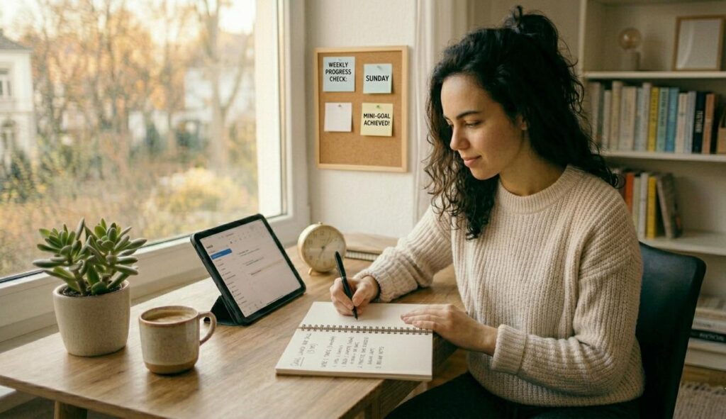 A high-resolution, realistic photo of a young woman with dark curly hair in a cream knit sweater, sitting at a wooden desk. She is writing a list of 'Daily Tasks' in a spiral notebook, breaking down a larger goal. A tablet next to her shows a digital planner, and a small corkboard on the wall features sticky notes labeled 'WEEKLY PROGRESS CHECK' and 'MINI-GOAL ACHIEVED!'. The room is bright with natural light from a window, creating an organized and motivating atmosphere.