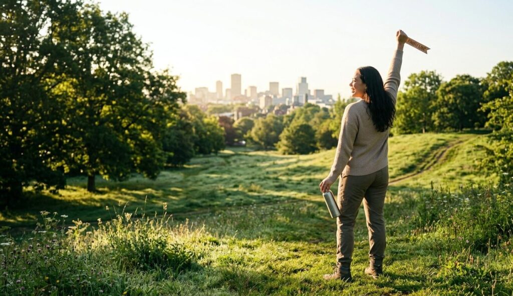 A happy woman standing on a grassy hill overlooking a city skyline, raising a fist in celebration while holding a water bottle, symbolizing small daily victories.