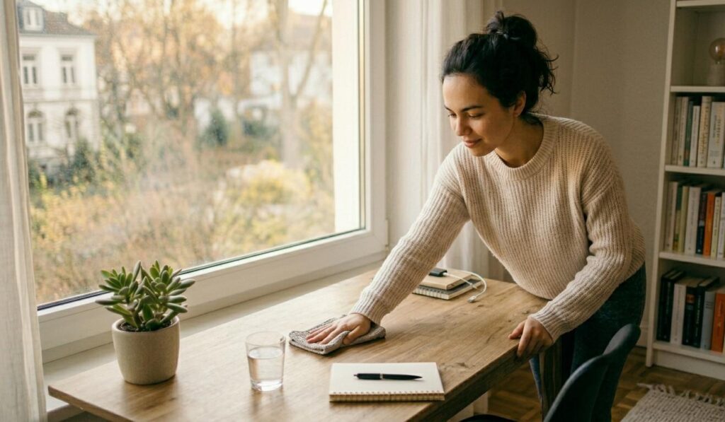 A high-resolution, realistic photo of a young woman with dark curly hair tied up, wearing a cream-colored knit sweater. She is actively cleaning a light wood desk with a gray cloth, looking focused and calm. On the tidy desk are a potted succulent and a glass of water. A large window overlooks a blurred view of trees and buildings in natural daylight. In the background, a bookshelf is neatly organized with books. The atmosphere is quiet, inspired, and productive.