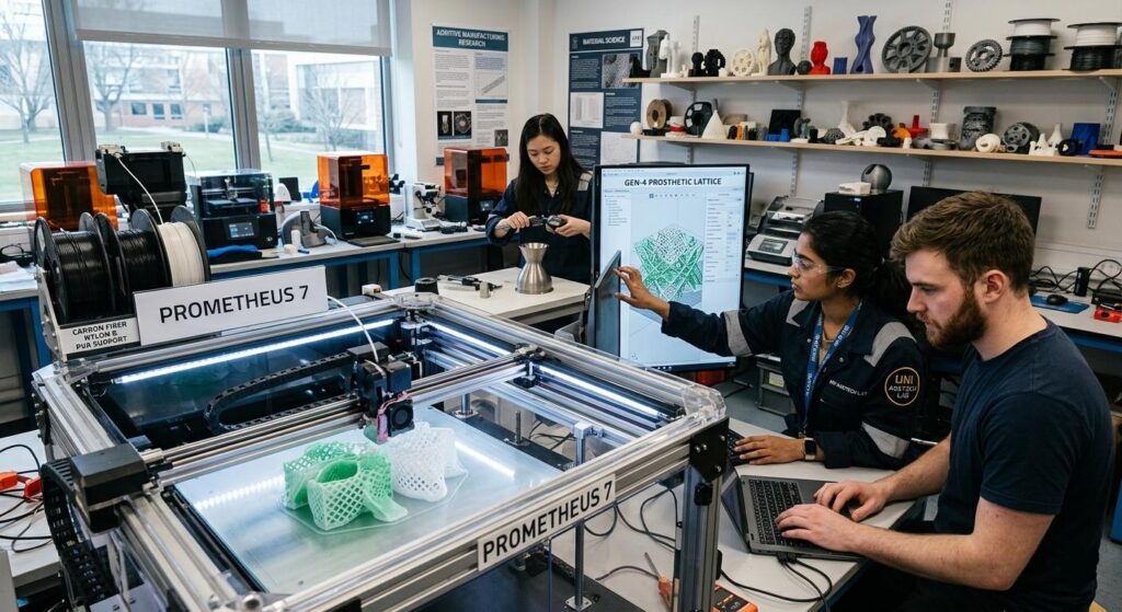 A diverse team of three students in a university lab. One woman in safety glasses and workwear modifies a 'Gen-4 Prosthetic Lattice' on a vertical monitor while her colleague types on a laptop. In the foreground, a large, operational industrial-style FFF/FDM 3D printer named "PROMETHEUS 7" is actively extruding a green and white component onto the build plate. The background features other printers, spools, and diverse 3D printed objects.