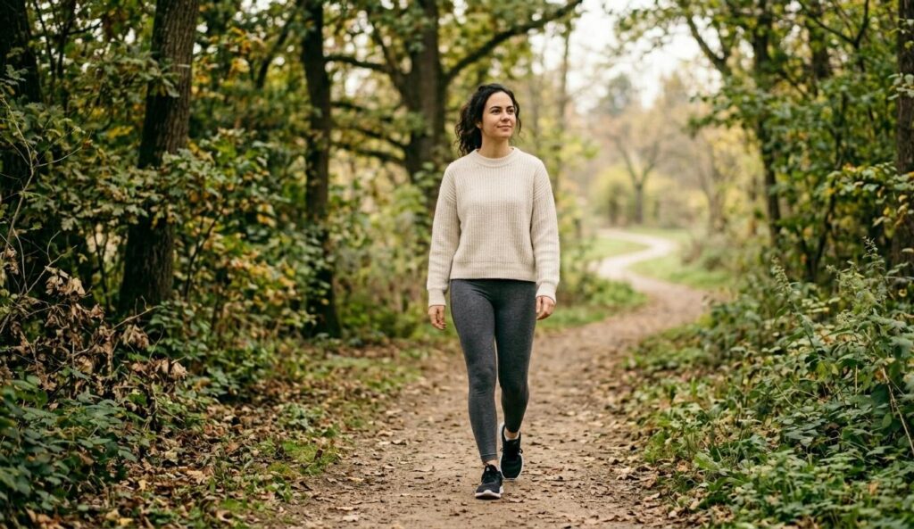 A high-resolution, realistic photo of a young woman with dark curly hair walking along a winding dirt path in a lush, green forest park. She is wearing a cream-colored knit sweater, gray leggings, and black athletic shoes, with a peaceful expression as she enjoys the natural surroundings. Sunlight filters through the autumn-toned trees. No smartphone is visible, emphasizing a digital-free break.