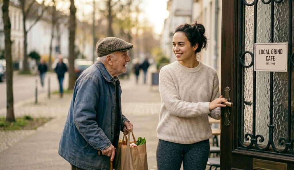 A high-resolution, realistic photograph taken outdoors on a sunny day. A young woman with dark hair tied back, wearing a cream knit sweater and dark leggings, stands by the entrance of a building with a 'LOCAL GRIND CAFE' sign. She is smiling and actively holding open the large wooden door with textured glass. An older man with a flat cap, blue jacket, cane, and a full paper shopping bag walks through the door, smiling appreciatively at her. The background is a soft-focus tree-lined residential street with blurred people walking. Natural daylight illuminates the scene.