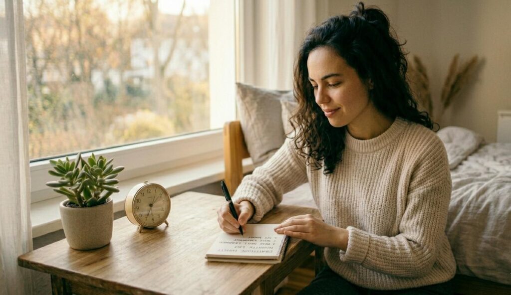 A high-resolution, realistic photo of a young woman with dark curly hair tied loosely, wearing a cozy cream knit sweater. She is seated at a minimalist wooden desk by a window during early afternoon. Natural, warm daylight fills the scene. She is focused and content, actively writing a 'GRATITUDE NIGHTLY LIST' in an open spiral notebook. Her handwriting lists three blessings: 1. MY SUCCESSFUL SAVINGS HABIT, 2. NEW CONCEPT LEARNED, 3. THE DAILY WALK. A simple analog clock showing 1:15 PM, a small potted succulent, and the blurred bedroom are in the background. Her posture is relaxed and grounded, genuinely embodying the habit.